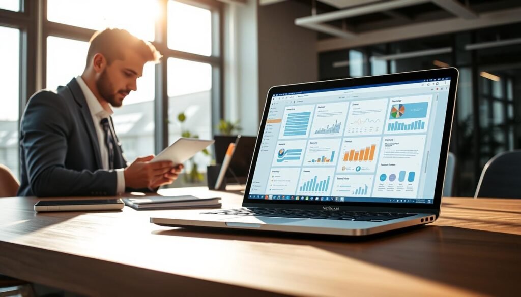 A modern workspace featuring NotebookLM, an innovative document management tool, at the forefront. In the foreground, a sleek laptop displays the NotebookLM interface with visually appealing graphs and document layouts. On the left, a professional individual in business attire is actively engaged with the laptop, analyzing documents, the expression focused and confident. The middle ground includes a stylish desk adorned with stationery and a digital tablet, hinting at advanced technology. The background showcases a bright, spacious office environment with large windows allowing natural light to pour in, creating a warm and inviting atmosphere. Soft shadows play across the surfaces, evoking a productive yet relaxed mood. The overall composition emphasizes efficiency and modernity, encapsulating the essence of NotebookLM as the ideal solution for managing personal documents.
