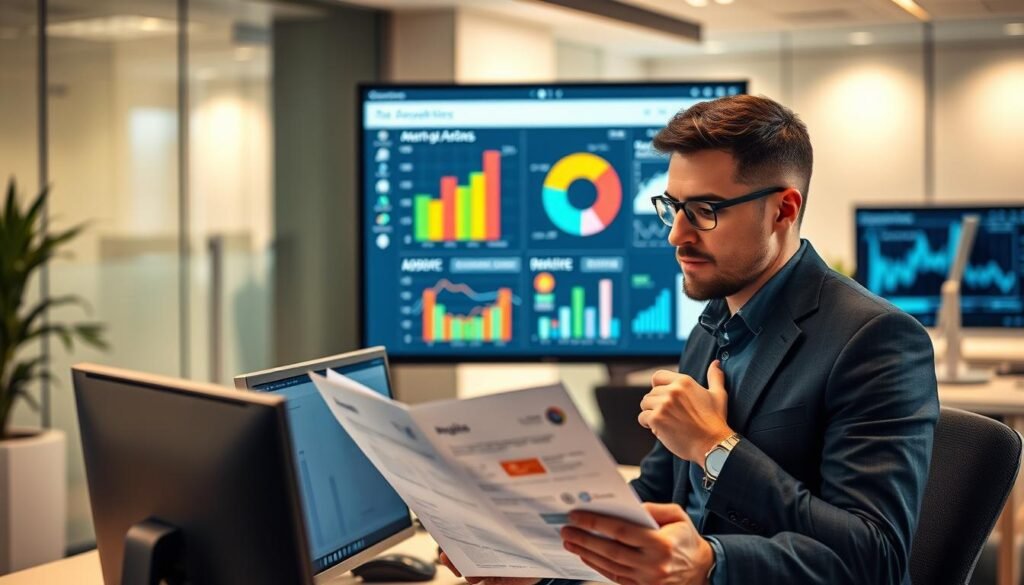A modern workspace featuring a desktop computer displaying analytics graphs and Google AdSense dashboards, symbolizing technical solutions for ad revitalization. In the foreground, a focused individual in professional attire is examining a strategy document with a thoughtful expression. The middle ground showcases a large screen displaying a colorful bar graph and pie chart, illustrating growth in profits and ad performance. In the background, soft lighting highlights a sleek office environment with minimalistic decor, emphasizing a sense of innovation and future-oriented solutions. The overall mood is one of optimism and professionalism, with a warm color palette to create an inviting atmosphere that encourages productivity and creativity.