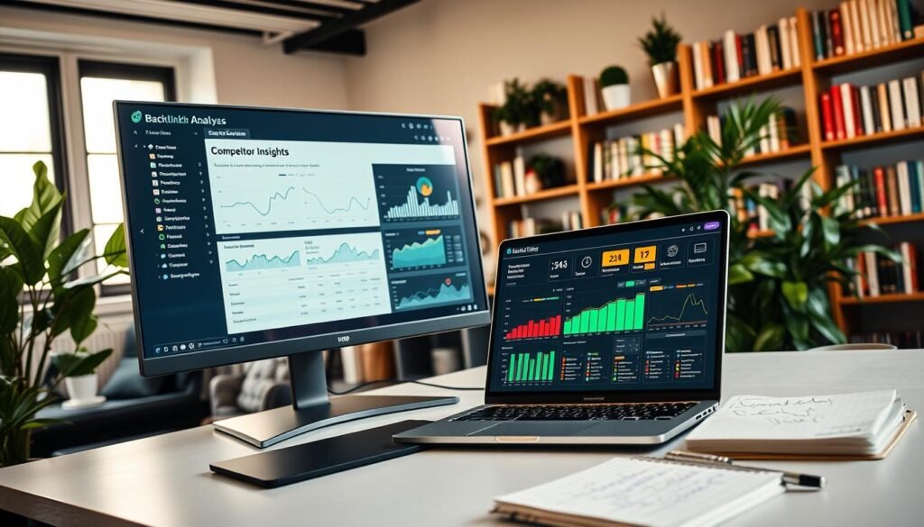 A modern workspace featuring a large computer monitor displaying graphics and charts related to backlink analysis and competitor insights. In the foreground, a laptop with a colorful SEO dashboard is open, showing various metrics and graphs. To the right, a notepad with handwritten notes and a cup of coffee add a touch of professionalism. The background consists of a stylish office with plants and bookshelves filled with resources on digital marketing. Soft, natural lighting streams in from a window, creating a bright and inviting atmosphere. A sleek camera angle captures the scene, emphasizing the tools' practicality for SEO professionals. The overall mood is focused and efficient, illustrating the importance of free analytical tools in enhancing online visibility.