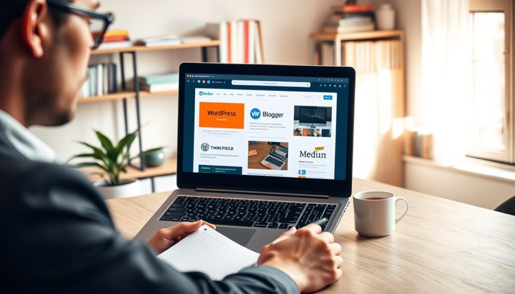 A modern workspace featuring a professional-looking laptop displaying various blogging platforms on the screen, including WordPress, Blogger, and Medium. The foreground captures a person in smart casual attire, thoughtfully examining the laptop with a notepad and pen at hand, ready to take notes. In the middle, a stylish desk is adorned with a potted plant and a coffee cup, suggesting a comfortable and creative environment. The background includes soft-focus bookshelves filled with books on writing and digital marketing, with warm, natural lighting streaming through a nearby window, creating an inspiring and productive atmosphere. The mood is focused and engaging, ideal for illustrating the process of choosing the right blogging platform.