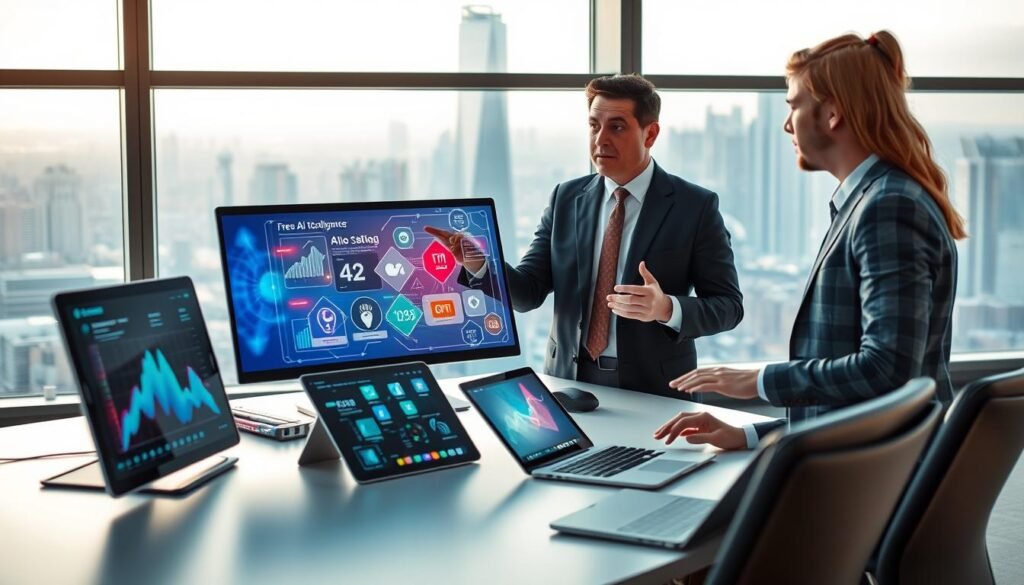 A modern workspace illustrating a futuristic overview of free AI tools in 2026. In the foreground, a sleek computer desk is filled with high-tech devices such as tablets and sleek laptops, displaying vibrant graphical representations of data and AI applications. In the middle ground, a professional person in smart business attire is engaged in a thoughtful discussion with another individual, pointing at a holographic AI interface showcasing various free AI tools in bright colors. The background features a panoramic window revealing a bustling city skyline with advanced architecture, suggesting innovation. Soft, natural lighting filters through the window, creating a warm yet dynamic ambiance. The atmosphere conveys a sense of optimism and excitement about the future of artificial intelligence.