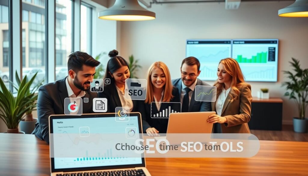 A modern workspace scene showcasing a professional team collaborating on SEO tools. In the foreground, a diverse group of four individuals, dressed in smart business attire, is actively discussing analytics displayed on a laptop screen. The middle layer features various SEO tool icons and graphs floating around them, illustrating concepts like keyword analysis and website performance metrics. In the background, a sleek office environment with large windows letting in natural light, plants, and a digital dashboard on the wall displaying real-time SEO statistics. The atmosphere conveys innovation and teamwork, with warm lighting that creates a welcoming and productive vibe. The image is clear and engaging, perfect for illustrating the process of choosing the right SEO tools.