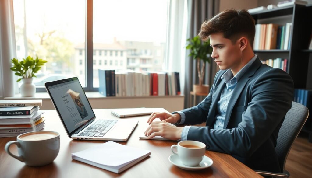 A modern workspace with a focus on blogging and content creation, featuring a stylish desk with a laptop open to a blogging platform. In the foreground, a young professional in business casual attire types on the laptop, showcasing a look of concentration. The middle ground includes a bookshelf filled with books on digital marketing and content strategy, along with a notepad and a steaming cup of coffee. In the background, a large window lets in soft natural light, casting a warm glow over the scene. This imagery should evoke a sense of productivity and creativity, with a clean and organized atmosphere reflecting the potential for income generation through online content.