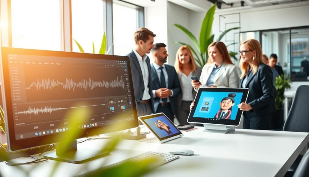 A modern workstation scene showcasing advanced AI text-to-speech and dubbing tools. In the foreground, a sleek computer with a high-resolution monitor displays a user interface featuring audio waveforms and voice options. To the side, a digital tablet shows an animated character, hinting at dubbing applications. In the middle ground, a diverse group of professionals in business attire collaborates, discussing the tools with enthusiastic expressions. The background features a bright, tech-inspired office environment with plants and a large window letting in natural light. The atmosphere is dynamic and focused, conveying innovation and teamwork in the realm of AI technology. Bright, natural lighting enhances the futuristic vibe, and a slight depth of field adds emphasis to the foreground elements.