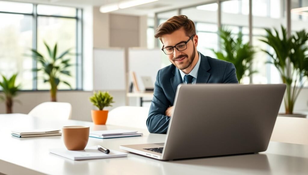 A professional and inviting workspace showcasing a laptop displaying Google AdSense analytics on its screen. In the foreground, a confident business person in smart casual attire, analyzing data with a thoughtful expression. The middle ground features a clean desk with notepads, a coffee cup, and a small potted plant, symbolizing productivity and growth. The background presents a bright and modern office environment filled with soft, natural light streaming through large windows, enhancing a sense of clarity and focus. The overall atmosphere conveys a sense of optimism and achievement, highlighting effective strategies for increasing AdSense profits. No text, logos, or other distractions are present in the image.