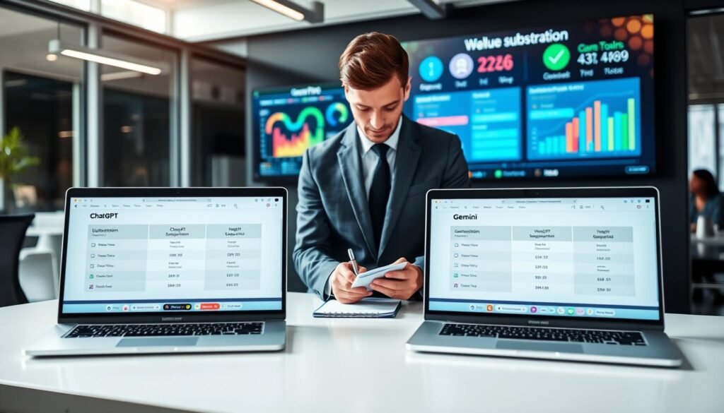A professional comparison scene showcasing a modern office workspace. In the foreground, a sleek desk with two laptops open, displaying side-by-side subscription plans for ChatGPT and Gemini. A well-dressed business person, with a focused expression, examines the screens while taking notes on a notepad. In the middle ground, a large screen on the wall shows colorful graphs and charts comparing prices and value propositions. The background features a stylish office environment with bright, natural lighting filtering through large windows. The mood is analytical and professional, conveying a sense of informed decision-making. The composition is shot from a slight angle, emphasizing the interaction between the individual and the digital displays.