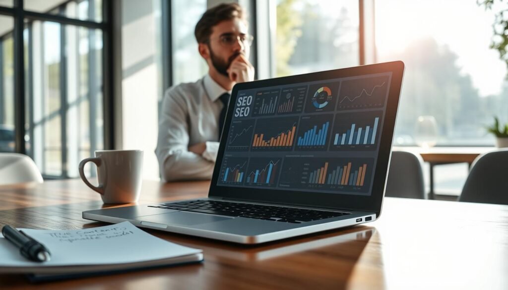 A professional digital workspace showcasing a content update strategy in SEO, featuring a sleek laptop on a polished wooden desk. The foreground includes a notepad with handwritten notes and a coffee cup, suggesting active brainstorming. In the middle, an assortment of charts and data analytics displayed on the laptop screen provides insights into SEO performance metrics. The background features a modern office with large windows allowing natural light to flood in, creating a bright and welcoming atmosphere. Soft shadows cast by the afternoon sun enhance depth, while a subtle glow emphasizes the laptop's screen. The overall mood is focused and innovative, reflecting the importance of effective content strategy in achieving better search engine visibility. The scene includes a professional person in business attire, pondering the data with a contemplative expression.