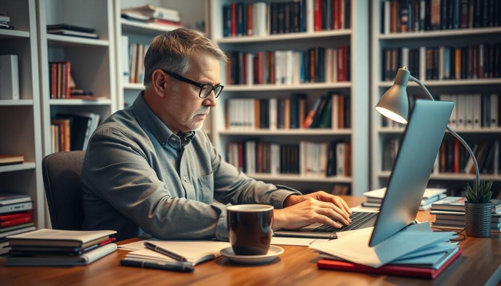 A professional editor sitting at a well-organized desk, surrounded by papers, a laptop, and coffee, focusing intently on refining an article. The editor, a middle-aged man in business attire, is scrutinizing the text on the screen, emphasizing the importance of human touch in content quality. In the background, a bookshelf filled with books on writing and SEO techniques enhances the intellectual atmosphere. Soft, ambient lighting casts a warm glow over the scene, creating a productive and focused environment. The composition captures the editor at a slight angle, providing a clear view of the editing process while maintaining a sense of professionalism and dedication to quality in written content. A professional editor sitting at a well-organized desk, surrounded by papers, a laptop, and coffee, focusing intently on refining an article. The editor, a middle-aged man in business attire, is scrutinizing the text on the screen, emphasizing the importance of human touch in content quality. In the background, a bookshelf filled with books on writing and SEO techniques enhances the intellectual atmosphere. Soft, ambient lighting casts a warm glow over the scene, creating a productive and focused environment. The composition captures the editor at a slight angle, providing a clear view of the editing process while maintaining a sense of professionalism and dedication to quality in written content.