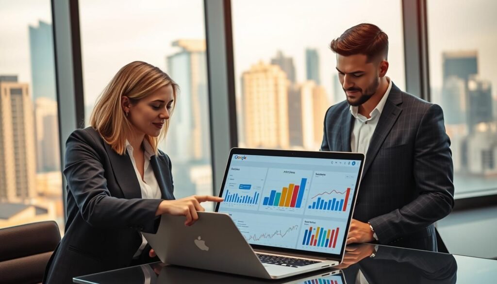 A professional, high-tech office setting with a large window displaying a vibrant cityscape in the background. In the foreground, a diverse group of three professionals, one woman and two men, engaged in a focused discussion over a sleek laptop displaying charts and graphs related to increasing Google AdSense profits. The woman, dressed in a smart business suit, points at the screen with enthusiasm, while the men, in casual yet professional attire, nod in agreement. Soft, natural lighting illuminates the scene, creating a warm and inviting atmosphere. The mood conveys a sense of collaboration and innovation, emphasizing safe and effective strategies for growing online advertising income in 2026.