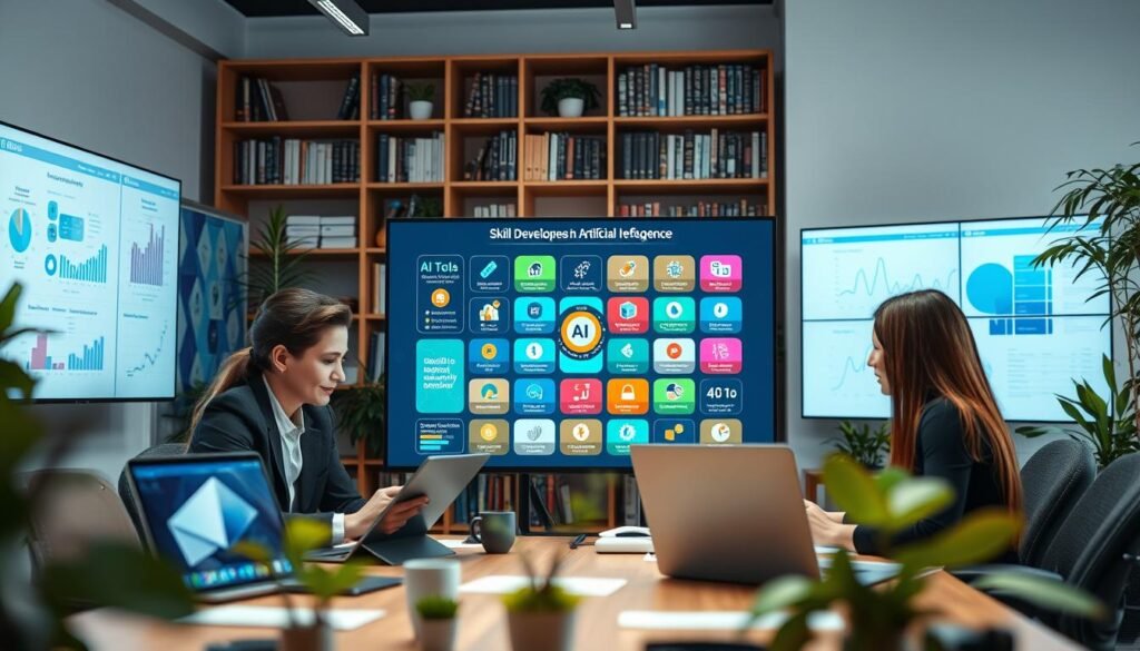 A professional-looking workspace filled with high-tech gadgets and screens displaying various AI tools and analytics. In the foreground, a diverse group of individuals in business attire, deeply engaged in a collaborative discussion while reviewing digital tablets and laptops that show graphs and AI algorithms. In the middle, a large interactive touch screen displays a colorful infographic illustrating skill development in artificial intelligence, including icons of tools and learning resources. The background features shelves filled with books about AI, alongside plants for a refreshing touch. Soft, bright lighting creates an optimistic and innovative atmosphere, with a depth of field effect that keeps the focus on the engaged team and the screens around them.
