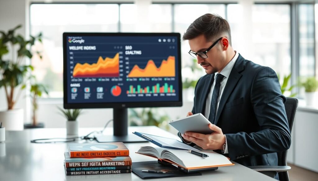 A professional office environment featuring a computer screen displaying a vibrant graph or analytics dashboard representing website indexing in Google. In the foreground, a business professional in smart attire is intently examining the screen, taking notes on a digital tablet. In the middle ground, a desk with SEO-related materials and books about website indexing and digital marketing. The background shows a bright office space with plants and large windows letting in natural light. The mood is focused and informative, with a clean and modern aesthetic. The image should have a bright color palette, soft shadows, and a wide-angle view to convey a sense of depth and professionalism.
