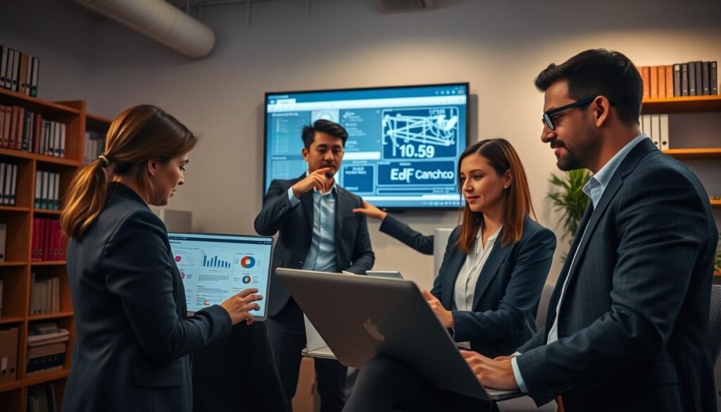 A professional office environment featuring a diverse group of business professionals analyzing large documents on their laptops. In the foreground, a woman in a smart business suit attentively reviews a PDF document on her screen, showcasing interactive charts and data visualizations. In the middle, a man in casual professional attire collaborates with a colleague, both pointing at a large digital display mounted on the wall, displaying a complex document processing software interface. The background includes shelves filled with books and files, dimly lit with soft overhead lighting, creating a focused atmosphere. The camera angle captures the team engaged in discussion, highlighting their expressions of concentration and collaboration, emphasizing the theme of practical experiences in handling large documents.