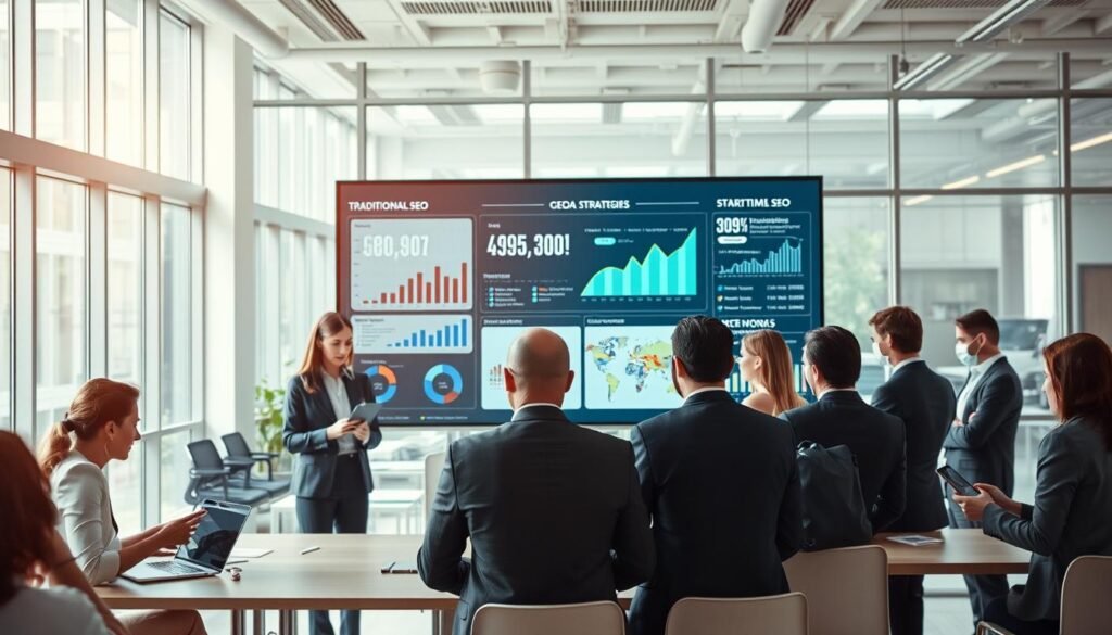 A professional setting depicting a side-by-side comparison of traditional SEO and the integration of GEO + SEO strategies. In the foreground, a diverse group of business professionals in smart business attire are engaged in a discussion, analyzing data on laptops and digital devices. The middle ground features a large digital display board showcasing graphs and charts illustrating SEO metrics and geographic data overlays. In the background, an office space with large windows allows natural light to flood in, creating a vibrant atmosphere. The mood is focused and collaborative, highlighting the importance of evolving strategies in the digital age. The image should be bright and modern, emphasizing a blend of technology and teamwork, captured from a slightly elevated angle to encompass the entire scene.