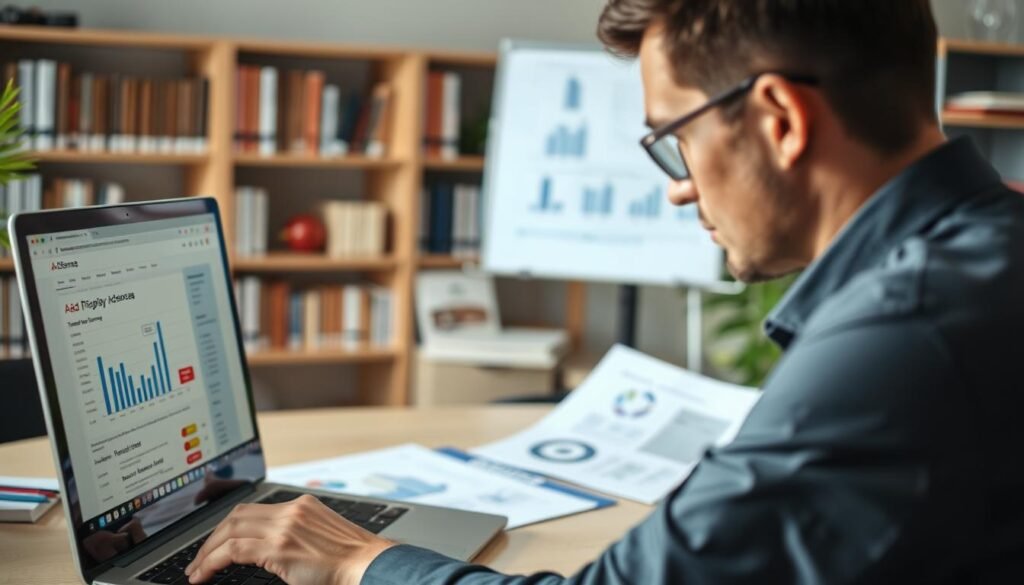 A professional setting illustrating the process of diagnosing ad display issues in a Google AdSense account. In the foreground, a focused individual in business attire examines a laptop, displaying the AdSense dashboard on the screen with visible error indicators. The middle ground features charts, graphs, and troubleshooting guides, emphasizing analytical work. The background is an office space with shelves of books on digital marketing and advertising. Soft, focused lighting enhances the concentration atmosphere while a slight blur emphasizes the importance of the task. The composition is viewed from a slight angle, allowing a glimpse of the individual's focused expression and the informative materials surrounding them, creating a professional and engaging ambiance.