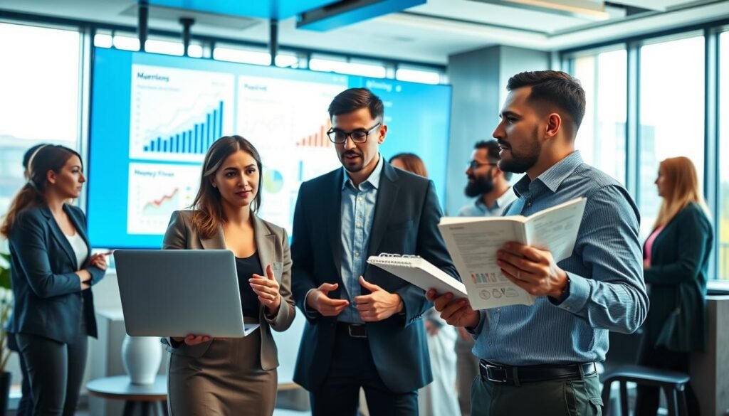 A professional, vibrant office setting with a diverse group of individuals discussing strategies for increasing Google AdSense profits. In the foreground, a woman in business attire, with a laptop open, highlights key points in a presentation. Next to her, a man gestures thoughtfully, holding a notepad filled with ideas. In the middle ground, a large digital screen showcases graphs and analytics related to ad revenue, casting a cool blue light. The background features a modern office environment with large windows allowing natural light to filter in, giving a sense of openness and productivity. The overall atmosphere is collaborative and focused, emphasizing innovation and practical strategies.