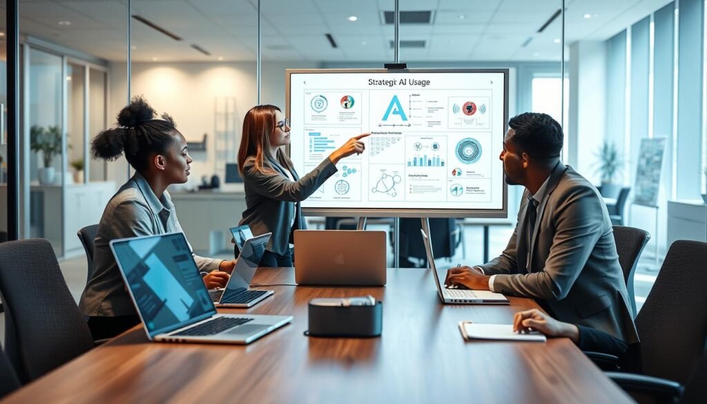 A professional workspace featuring a diverse team of three individuals engaged in a collaborative meeting, emphasizing the synergy between artificial intelligence and human expertise. The foreground shows a modern conference table with laptops showcasing AI tools on the screens. In the middle, one person, a woman in smart casual attire, points at a digital whiteboard filled with strategic AI usage charts. The other two participants, a man and another woman in business attire, are taking notes and discussing ideas. The background includes a glass wall revealing a high-tech office environment, illuminated by soft, natural lighting through large windows. The atmosphere is one of innovation and teamwork, embodying the message that humans play an essential role in maximizing AI potential.