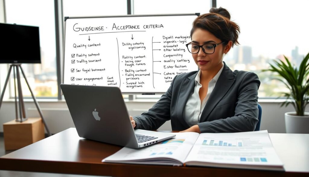 A professional workspace scene illustrating the concept of Google AdSense acceptance criteria. In the foreground, a confident person in business attire, seated at a modern desk with a laptop open, reviewing guidelines on a document with charts and graphs. In the middle, a whiteboard filled with diagrams and bullet points on digital marketing strategies, emphasizing quality content, traffic sources, and user engagement. The background features a bright office environment with large windows letting in natural light, showcasing a cityscape view. The atmosphere is focused and productive, suggesting an authoritative yet inviting space for learning and compliance, with a subtle depth of field effect to emphasize the foreground elements.