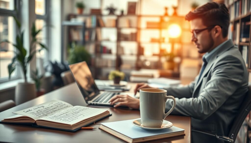 A serene and focused workspace illustrating the concept of writing content naturally and reader-focused. In the foreground, a professional writer in smart casual attire sits at a clean, organized desk, deeply engaged in writing on a laptop. The middle ground features an open notebook filled with handwritten ideas and a steaming cup of coffee, symbolizing creativity and focus. The background offers a softly lit library filled with books and plants, creating an inviting atmosphere. Soft, warm lighting enhances the calmness of the setting while a slight bokeh effect adds depth to the scene. Overall, the image should evoke a sense of tranquility and concentration, perfect for illustrating the art of engaging and natural writing.