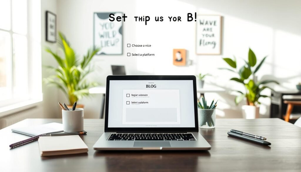 A serene and organized workspace illustrating the steps to set up a blog. In the foreground, a sleek laptop with a vibrant screen displaying a simple blog layout, surrounded by notepads, a coffee cup, and pens. The middle layer includes clear visual elements like a checklist featuring items such as "Choose a niche", "Register a domain", and "Select a platform". The background showcases a well-lit room with a modern desk, green plants, and motivational posters, creating an inviting atmosphere. Soft, natural lighting filters through a window, casting gentle shadows. The scene exudes a focused and professional mood, ideal for aspiring bloggers. No text, logos, or distractions.