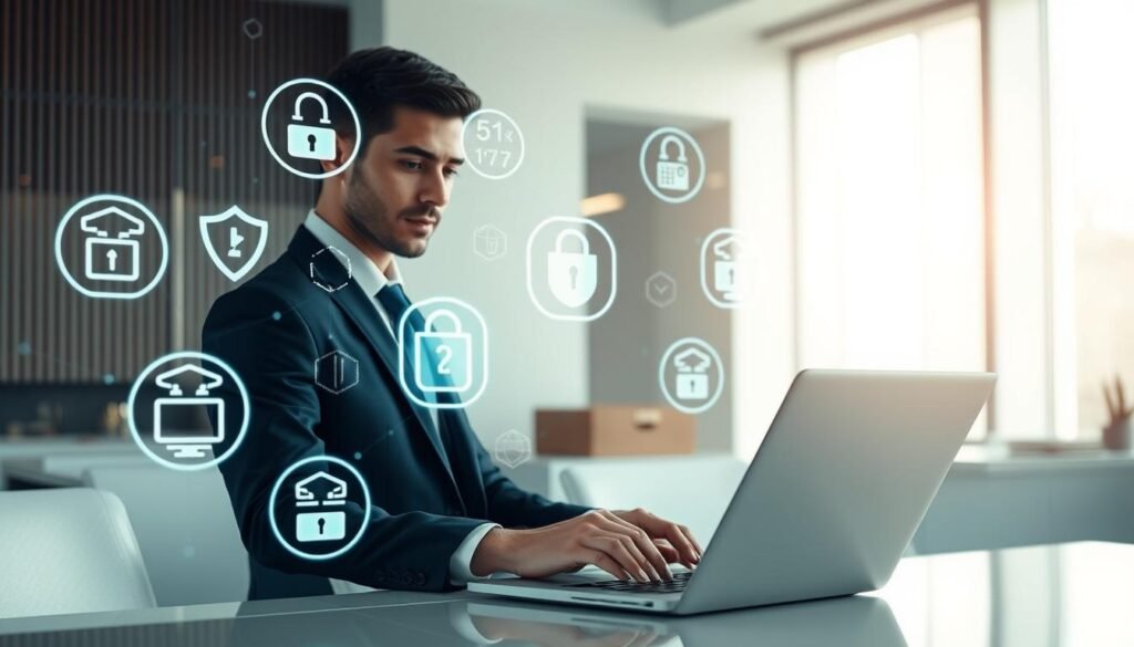 A serene and secure digital environment showcasing the concept of safety and privacy when using ChatGPT. In the foreground, a professional-looking individual in a smart business suit is interacting with a laptop, their focused expression highlighting the importance of mindful usage. In the middle ground, an array of floating icons symbolizing data protection, encryption, and user privacy are artfully arranged, glowing softly. The background features a modern office setting with sleek lines and a gentle, calming color palette, evoking a sense of trust and reliability. Soft, diffused lighting creates an inviting atmosphere while emphasizing the high-tech elements. The overall mood is one of professionalism, security, and awareness, perfect for illustrating the importance of safety and privacy in technology.