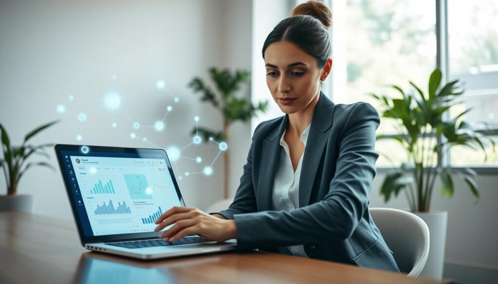 A serene office environment featuring a modern workspace with a sleek laptop open, displaying a vibrant interface for keyword research powered by artificial intelligence. In the foreground, a professional woman in smart casual attire is intently analyzing data charts on the screen, her expression one of focus and determination. The middle ground showcases a digital representation of interconnected keywords floating around, illuminated in soft blues and greens, symbolizing the flow of AI-generated insights. In the background, subtle hints of greenery through a large window, providing natural light that casts gentle shadows, creating a calm and inspiring atmosphere. The overall mood is one of innovation and productivity, encapsulating the essence of utilizing AI for effective keyword research in SEO. A serene office environment featuring a modern workspace with a sleek laptop open, displaying a vibrant interface for keyword research powered by artificial intelligence. In the foreground, a professional woman in smart casual attire is intently analyzing data charts on the screen, her expression one of focus and determination. The middle ground showcases a digital representation of interconnected keywords floating around, illuminated in soft blues and greens, symbolizing the flow of AI-generated insights. In the background, subtle hints of greenery through a large window, providing natural light that casts gentle shadows, creating a calm and inspiring atmosphere. The overall mood is one of innovation and productivity, encapsulating the essence of utilizing AI for effective keyword research in SEO.