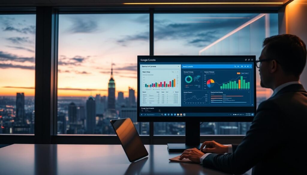 A sleek, modern office environment serves as the foreground, featuring a person in professional business attire intently analyzing performance metrics on a computer screen displaying Google Search Console. The middle layer captures a large monitor with colorful graphs and charts illustrating website performance and search visibility, glowing softly in the dim, focused office lighting. In the background, a large window reveals a futuristic city skyline, accentuated by a twilight sky filled with soft hues of blue and purple. The scene is illuminated by warm ambient lighting, creating a professional yet relaxed atmosphere, emphasizing concentration and the importance of digital analysis. The overall mood inspires a sense of progress and innovation in digital marketing.