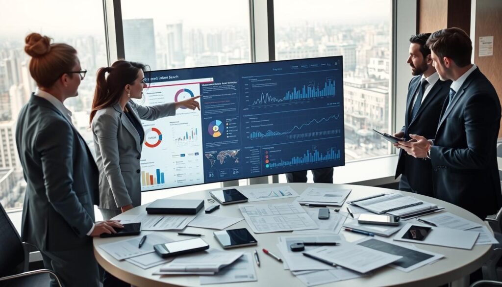 A sleek, modern office environment where a diverse group of professionals in smart business attire are engaged in a dynamic discussion around a large digital display. The screen showcases intricate data visualizations, such as graphs and charts illustrating user intent analysis and smart search results. In the foreground, a woman points to the screen, while a man takes notes; both exhibit expressions of intrigue and concentration. The middle ground features a large round table cluttered with digital devices and reports, emphasizing collaboration and technological advancement. The background showcases a large window with a panoramic city view, bathed in soft morning light, creating an atmosphere of innovation and forward-thinking in the field of intelligent search.