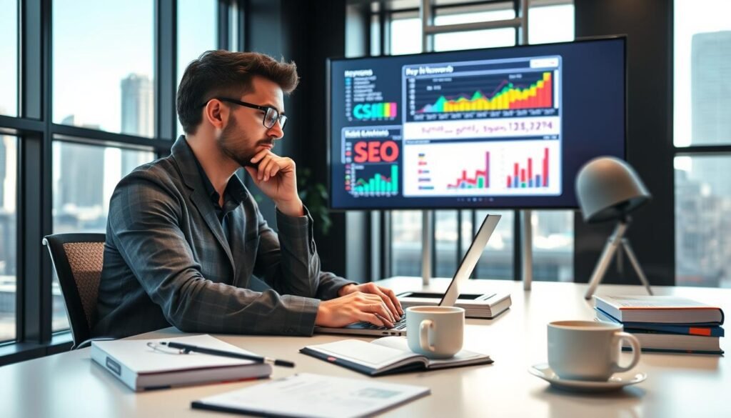 A thoughtful professional in a modern office setting is deeply engaged in selecting keywords for SEO strategy. In the foreground, the person, wearing smart casual attire, is typing on a laptop with a focused expression. Surrounding them are colorful charts and graphs illustrating keyword data, presented on a sleek digital screen. The middle ground features a well-organized desk with SEO reference books, a notepad, and a steaming cup of coffee, adding to the atmosphere of productivity. In the background, bright natural light filters through large windows, illuminating a cityscape, signifying the dynamic online world. The overall mood is focused yet creative, emphasizing the intelligent approach to keyword selection in digital marketing.