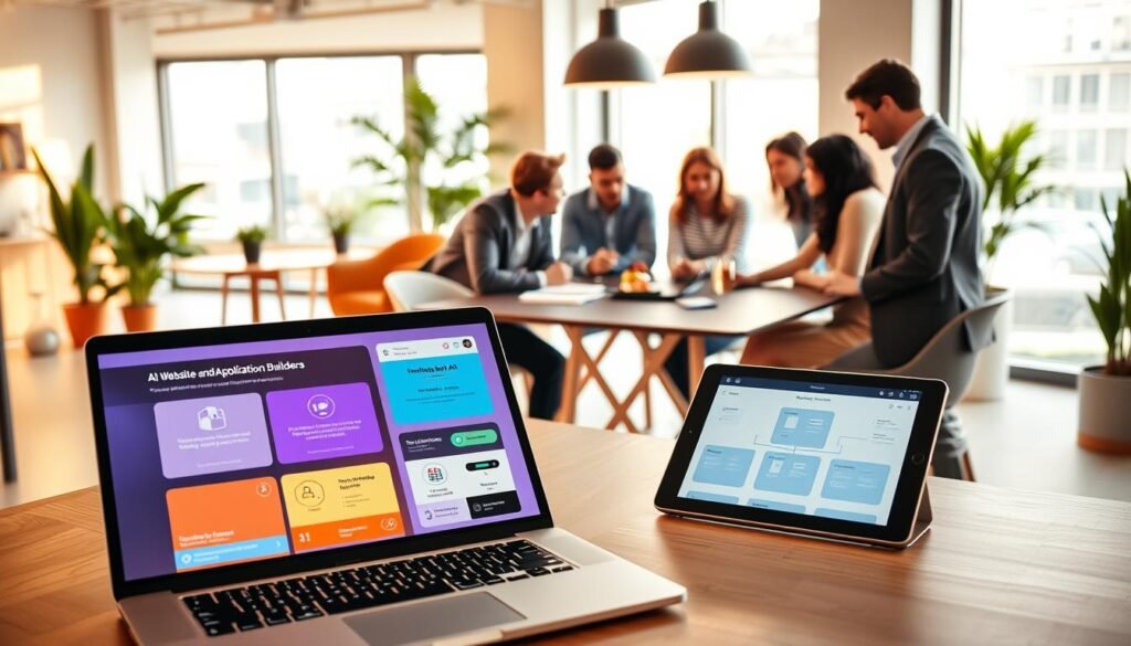 A vibrant and modern workspace showcasing "no-code AI website and application builders." In the foreground, a sleek laptop open to a colorful interface displaying drag-and-drop tools and AI functionalities. Next to it, a digital tablet showing a flowchart of app features. In the middle, a diverse group of professionals in smart casual attire collaborates around a stylish table, engaging in discussions. The background features a contemporary office environment with large windows, letting in soft, natural light, creating an inspiring atmosphere. The color palette should include warm tones to evoke creativity and innovation, with elements like plants and modern decor enhancing the visual appeal. The angle is slightly overhead to capture the vibrant workspace dynamic, while emphasizing the technology and teamwork involved in no-code development.