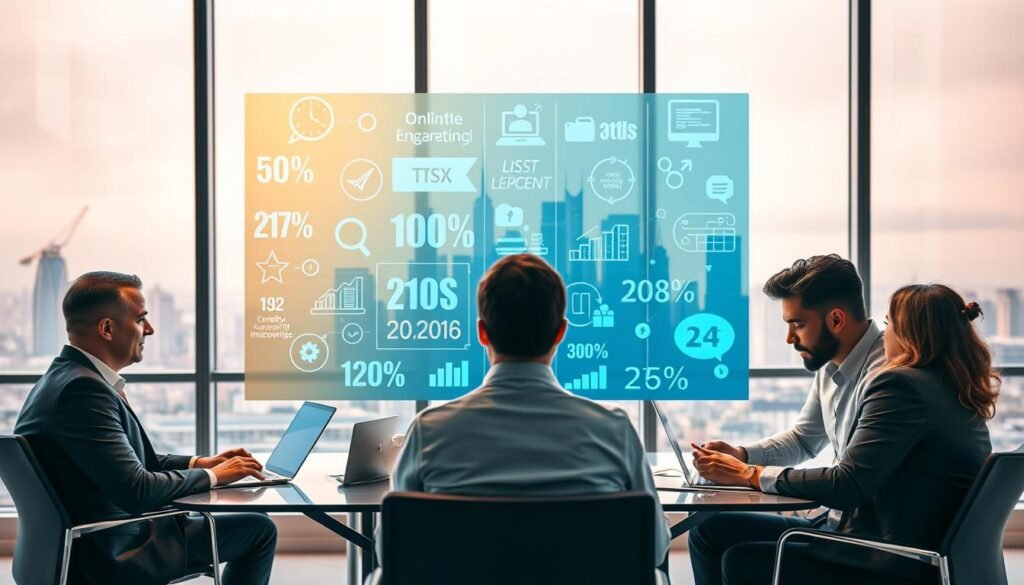 A vibrant digital landscape symbolizing the importance of blogging in the digital age. In the foreground, a diverse group of three individuals—two men and one woman—are seated around a modern workspace, discussing ideas. They are dressed in professional business attire, with laptops open and notes scattered about, emphasizing collaboration. The middle layer depicts a large, translucent screen displaying various statistics and visuals related to online engagement, creativity, and social media, highlighting the impact of blogging. In the background, a bright city skyline is visible through large windows, illustrating the modernity of the digital world. Soft, warm lighting creates an inviting atmosphere, suggesting innovation and opportunity in blogging. The overall mood is inspirational and dynamic, capturing the essence of why blogging is vital in 2026.
