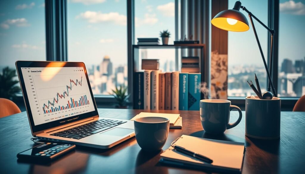 A vibrant, professional workspace showcasing essential tools for online success. In the foreground, a sleek laptop with graphs and charts displayed on the screen, contrasting against a tidy desk with a notepad and a pen. Nearby, a smartphone shows a financial app and a coffee cup emits steam, suggesting productivity. In the middle, a stylish bookshelf holds books titled "Success Secrets" and "Online Business Strategies," framed by a modern desk lamp casting warm light. In the background, a large window with a view of a city skyline, symbolizing endless opportunities. The overall atmosphere is motivational and inspiring, infused with natural light to convey positivity and ambition. The image should not have any text or overlays, focusing purely on the elements of success for beginners in online earning.