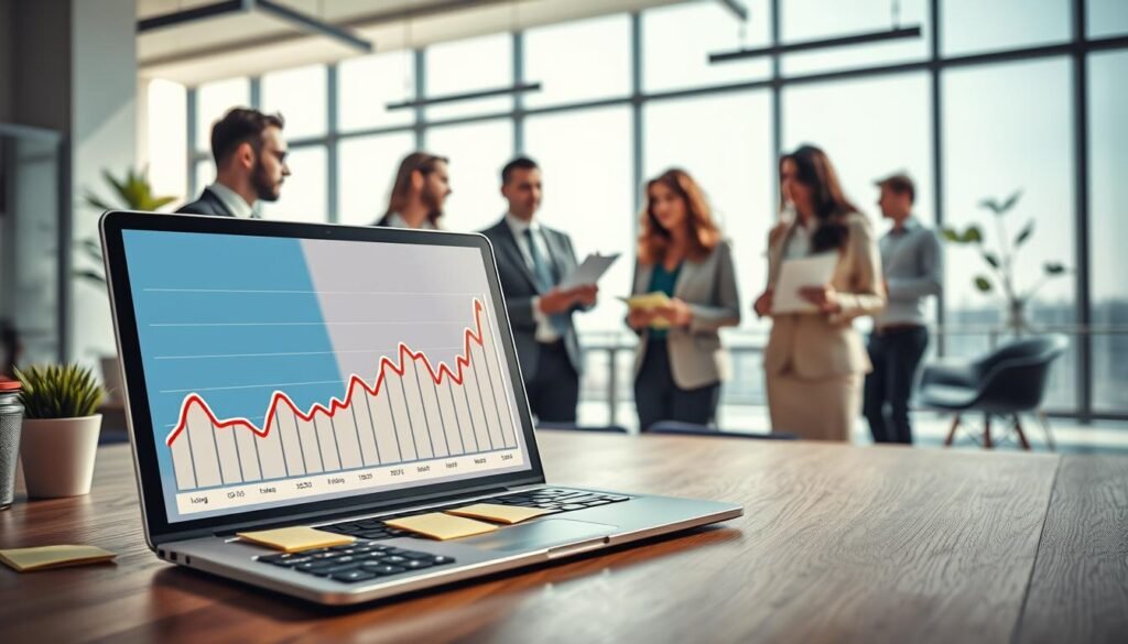 A visually compelling illustration depicting the concept of earnings from Google AdSense per 1000 visits. In the foreground, a laptop displaying a graph with fluctuating earnings is open on a wooden desk, surrounded by sticky notes and a calculator. In the middle ground, a diverse group of professionals in business attire are engaged in discussion, analyzing data on a clipboard. The background features a bright, modern office with large windows allowing natural light to flood in, casting soft shadows. The atmosphere is focused and dynamic, implying collaboration and analysis. Use a wide-angle lens perspective to enhance the depth and clarity of the scene, providing a realistic yet aspirational feel to the environment.