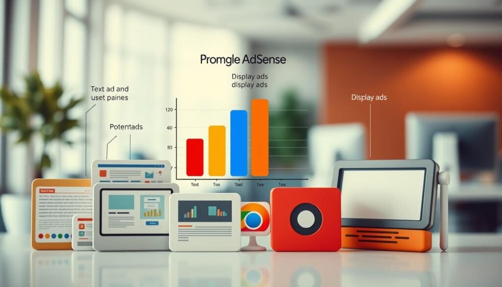 A visually compelling infographic showcasing various types of Google AdSense advertisements and their impact on income. In the foreground, include a selection of diverse ad formats—text ads, display ads, and video ads—each rendered in an appealing style. The middle layer features a bar chart or pie chart indicating potential earnings, highlighted with vibrant colors to draw attention. In the background, a blurred office setting evokes a professional atmosphere, emphasizing digital marketing. Use soft lighting to create an inviting mood, and employ a slight downward angle to enhance the composition. The overall image should be polished, informative, and suitable for a business article context, without any text or overlay distractions.
