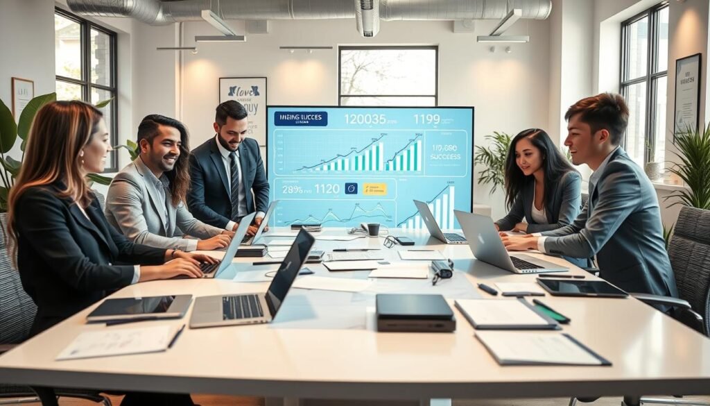 A visually engaging and informative scene depicting a strategic plan for making money online in 2026. In the foreground, a diverse group of three professionals, dressed in smart casual business attire, are gathered around a modern, sleek table strewn with laptops, notepads, and digital devices. In the middle ground, a large digital screen displays futuristic online business graphs and inspiring success metrics. The background features a bright, airy office space with large windows letting in natural light, greenery accents, and motivational posters. The atmosphere is collaborative and energetic, with soft, warm lighting to create an inviting ambiance. The overall composition showcases a sense of innovation and forward-thinking in the digital economy.