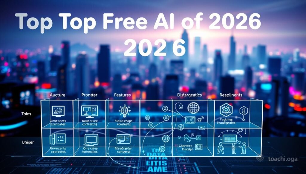 A visually engaging comparison chart featuring the top free AI tools of 2026, displayed in a modern, tech-inspired design. In the foreground, clear segmented boxes illustrate various tools, showcasing icons, unique features, and user interfaces, with each tool represented by sleek digital art. The middle layer highlights a digital landscape, with abstract representations of data flows and AI algorithms connecting the tools, symbolizing interconnectivity and innovation. The background features a futuristic city skyline, illuminated by soft blue and purple lighting, creating a collaborative and advanced atmosphere. Use a wide-angle perspective to capture depth, ensuring the image is vibrant and visually appealing without any text or branding elements.
