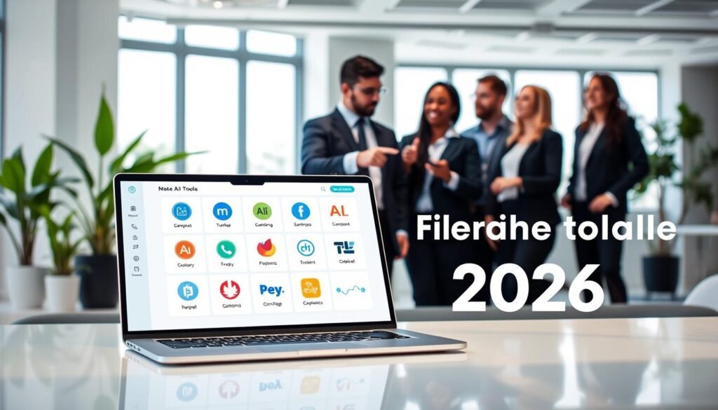 A visually engaging comparison of AI tools displayed in a sleek, modern workspace. In the foreground, a high-tech laptop with an interactive dashboard showcasing various AI tool logos, each represented as vibrant icons. In the middle, a diverse group of professionals in business attire discussing and pointing at the laptop, with elements like charts and analytics visualized on the screen. The background features a bright, minimalist office with large windows letting in natural light, and greenery adding a touch of tranquility. The overall atmosphere is collaborative and innovative, with a focus on technology and advancement. The image captures a sense of excitement about the future of free AI tools available for 2026.