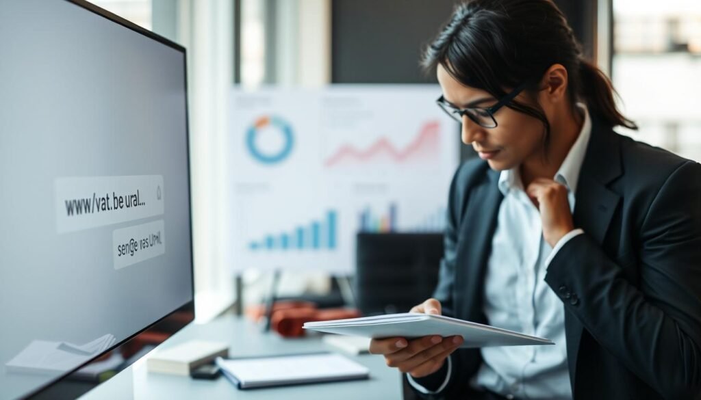 A visually engaging composition that represents the concept of "optimizing a URL to be concise and effective." In the foreground, a sleek computer monitor displays a minimalist URL structure, with highlighted keywords. Beside it, a professional individual in business attire is thoughtfully analyzing a notepad filled with notes on SEO strategies. In the middle, there’s a blurred image of a website analytics dashboard, illustrating data and performance metrics. The background features a modern office environment with soft, natural lighting from a window, adding a calm atmosphere. The overall mood conveys a sense of professionalism and focus on digital marketing efficiency, emphasizing the importance of concise URL design in SEO.