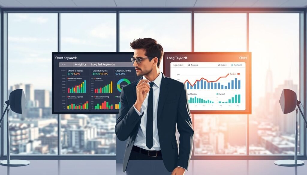 A visually engaging illustration contrasting short and long-tail keywords, divided into two halves. The foreground features a computer screen displaying keyword analytics, with short keywords on one side and long-tail keywords on the other, represented by a variety of colorful charts and graphs. In the middle, an analytical professional in business attire is thoughtfully examining data, surrounded by a sleek modern office environment. The background shows a large window with a city skyline, flooded with soft natural light to create an inspiring atmosphere. The overall mood is one of focus and clarity, emphasizing the importance of keyword selection in digital marketing strategies.