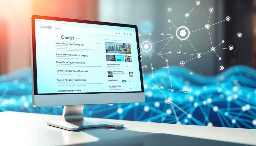 A visually engaging illustration depicting how search engines like Google operate. In the foreground, show a sleek, modern computer monitor displaying a vibrant search results page with various indexed websites and links. In the middle ground, represent abstract concepts of algorithms and data processing with flowing lines and digital symbols, emphasizing connectivity and information flow. The background features a stylized digital landscape, suggestive of a vast web of information, with nodes and connections illustrating the intricate process of indexing. Use bright, clear lighting to convey a sense of innovation and clarity, with a slight blur in the background to maintain focus on the foreground elements. The overall mood should feel informative and dynamic, suitable for an educational article on SEO.