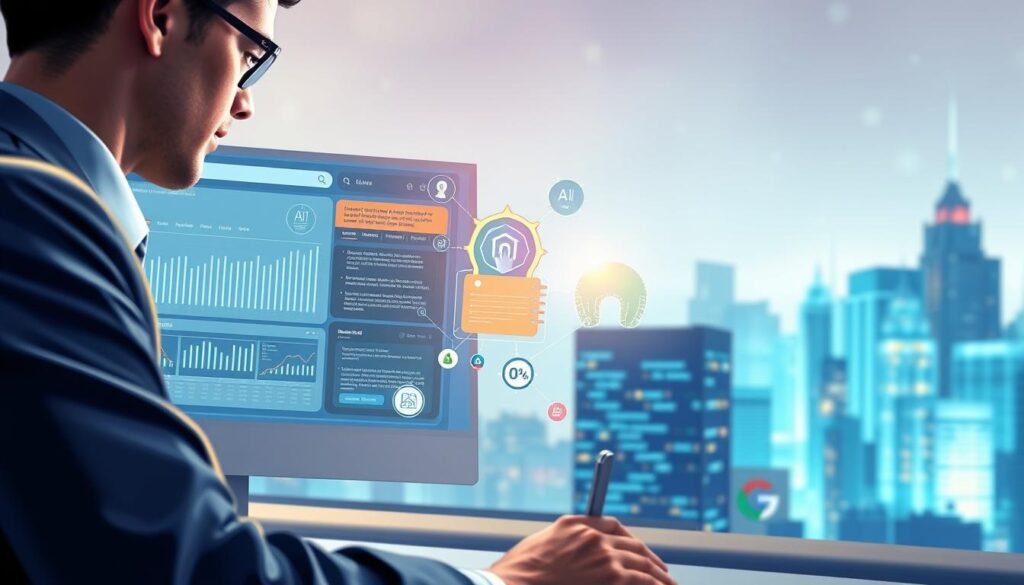 A visually engaging illustration depicting the interaction between artificial intelligence-generated content and Google's search algorithms. In the foreground, a professional individual in business attire is intently analyzing a computer screen displaying algorithmic data and AI content metrics. The middle layer includes digital representations of AI symbols and coding elements, suggesting the complexity of AI content creation. The background features an abstract city landscape with iconic Google imagery, encapsulating a tech-focused environment. Soft, ambient lighting highlights the characters and elements, creating a focused yet dynamic atmosphere. Use a shallow depth of field to emphasize the foreground while subtly blurring the background. The overall mood is one of innovation and analysis, reflecting a futuristic approach to content management.