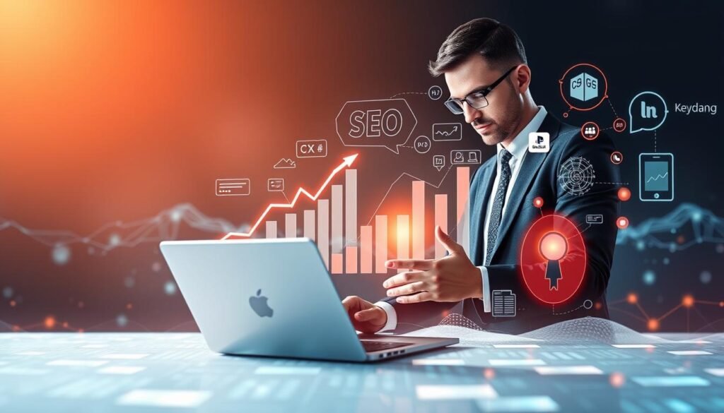 A visually engaging illustration representing the concept of "factors affecting search engine ranking" for 2026. In the foreground, a professional person in business attire, focused and analyzing data on a laptop, surrounded by graphs and charts showing positive growth and analytics. In the middle ground, elements symbolizing SEO factors, like keywords, link structures, and mobile optimization icons, artistically integrated into the scene. The background features a digital landscape with abstract representations of search engines and data systems, illuminated by soft, diffused light to create a modern, high-tech atmosphere. The angle captures both the person and the dynamic elements prominently, establishing a sense of professionalism and progress. The mood is optimistic and forward-thinking, embodying the future of SEO.