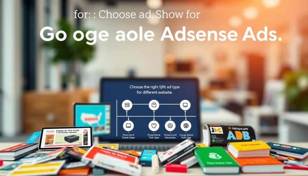 A visually engaging infographic showcasing various types of Google AdSense ads. In the foreground, include a vibrant display of different ad formats like display ads, text ads, and video ads, artistically arranged in a way that emphasizes their distinct styles. The middle layer should feature a simplified graph or flowchart illustrating best practices for choosing the right ad type for different website niches, complete with icons representing website categories. In the background, use a blurred image of a modern workspace setting to convey a professional atmosphere, with soft, natural lighting that enhances clarity. The overall mood should be informative and motivating, designed to attract aspiring digital marketers.