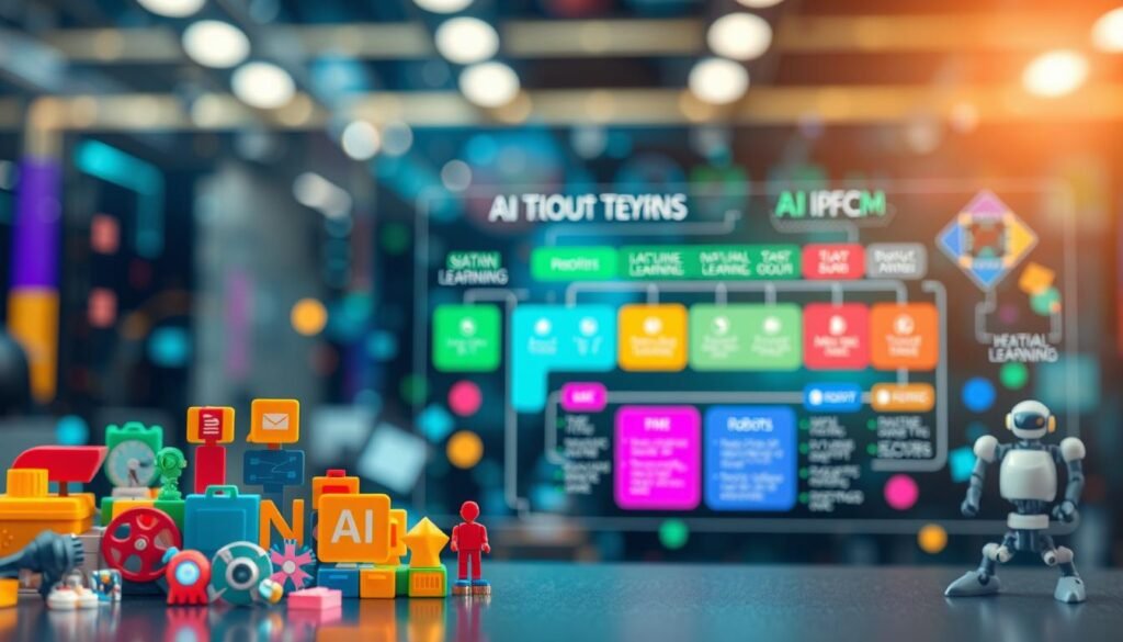 A visually engaging infographic that categorizes AI tools by type and usage, illustrating a diverse range of applications such as machine learning, natural language processing, and robotics. In the foreground, showcase colorful icons representing different AI tools, organized into distinct categories with clear visual separation. In the middle ground, include a stylized flowchart that outlines the functionalities and key features of each tool, using vibrant colors and modern design elements. The background should feature a softly blurred tech-themed environment, perhaps with abstract geometric shapes and binary code, conveying a futuristic atmosphere. The lighting should be bright with a slight glow effect to enhance the visual appeal, creating a professional yet approachable mood for a tech-savvy audience.