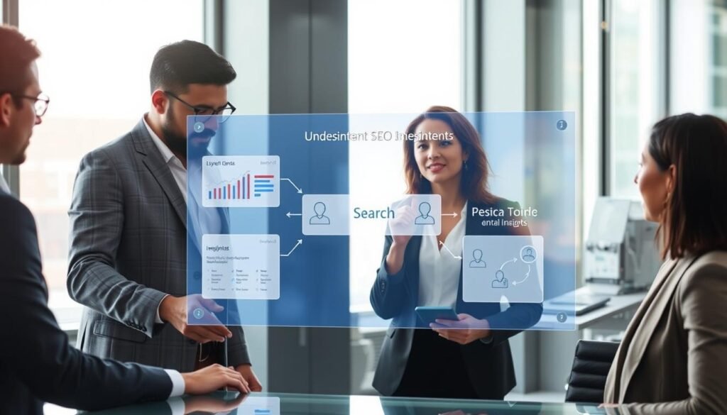 A visually engaging scene depicting the concept of understanding user intent and its impact on SEO. In the foreground, a diverse group of professionals—two men and a woman—dressed in smart business attire, engaged in a brainstorming session around a digital touchscreen displaying analytics and keyword trends. In the middle, a flowchart illustrating the connection between user intent and search engine rankings, with icons representing search queries, user emotions, and insights. The background features a modern office environment with large windows and bright natural light pouring in, casting soft reflections. The mood is collaborative and innovative, capturing the essence of teamwork in enhancing SEO strategies through user insights. The camera angle is slightly elevated, providing a comprehensive view of the discussion and the digital tools they utilize.
