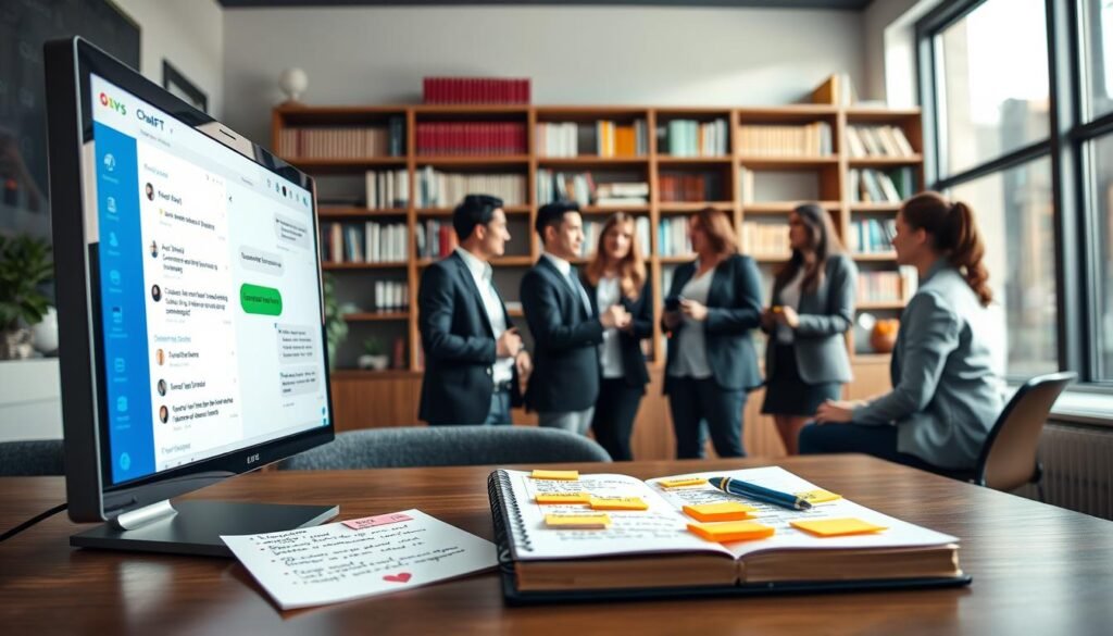 A visually engaging scene showcasing "10 Key Tips for Maximizing Your Use of Prompts with ChatGPT." The foreground features a sleek, modern workspace with a computer screen displaying ChatGPT in action. On the desk, a notepad with bullet points and colorful sticky notes, emphasizing clarity and organization. In the middle ground, a diverse group of professionals in smart business attire are engaged in a brainstorming session, sharing ideas and collaborating. The background includes shelves filled with books on AI and productivity, creating an intellectual atmosphere. Soft, natural lighting filters through a large window, lending a warm and inviting feel. The overall mood is one of inspiration and productivity, reflecting the essence of effective communication and organization.