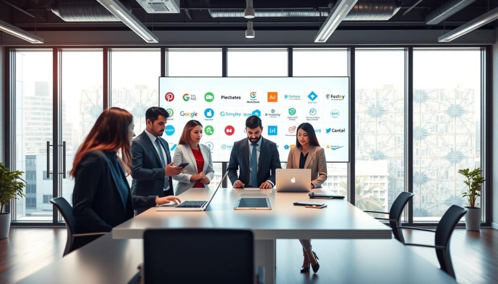 A visually engaging workspace showcasing the process of selecting the best free AI websites. In the foreground, a diverse group of professionals in business attire, including a man and a woman, are gathered around a modern desk with laptops open, analyzing data and discussing options. The middle ground features a large digital screen displaying various AI website logos and reviews. In the background, a bright, modern office environment with large windows allowing natural light to flood in, creating a warm and inviting atmosphere. The scene captures an air of collaboration and focus, emphasizing the importance of informed choice. Use soft, diffused lighting to enhance the professional mood, and a slightly angled perspective to add depth to the composition.