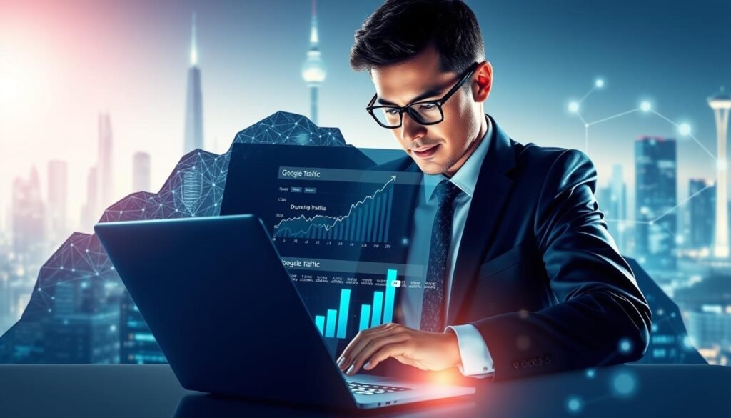 A visually striking digital illustration depicting the impact of Google AI Overviews on website traffic. In the foreground, a professional businessperson in business attire intently analyzing data on a laptop, surrounded by graphs and charts indicating rising website traffic metrics. The middle layer features a stylized representation of a search engine results page, showcasing dynamic Keywords and an upward trend. In the background, a futuristic city skyline hints at the digital landscape, with glowing elements representing network connections and traffic flow. Soft, ambient lighting casts a positive atmosphere, with a focus on clarity and innovation. The color palette includes cool blues and greens, conveying a sense of technology and progress, with a slight lens flare effect to enhance the depth.