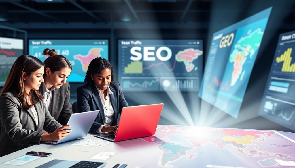 A visually striking illustration depicting the integration of SEO and GEO strategies for sustainable digital success. In the foreground, a diverse group of four professionals, dressed in smart business attire, collaborate over a digital map with SEO metrics and geographic data projected on their laptops. In the middle ground, eye-catching infographics blend SEO and GEO elements, such as search engine analytics and geographical heat maps, radiating a sense of synergy. The background features a modern office setting with large screens displaying web traffic and location-based analytics, bathed in soft, focused lighting to create an atmosphere of innovation and teamwork. The overall mood is dynamic and forward-thinking, emphasizing the importance of a holistic digital strategy.
