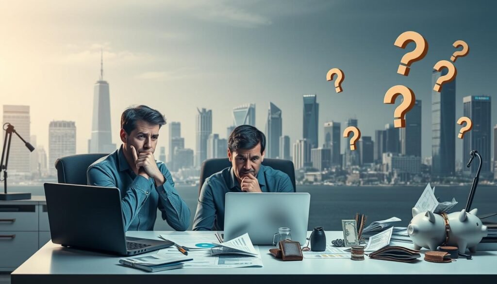 A visually striking illustration of the main reasons for not earning from Google AdSense. In the foreground, depict a perplexed digital marketer sitting at a modern desk cluttered with analytics reports and a laptop showing low earnings. In the middle ground, incorporate elements like broken piggy banks, empty wallets, and question marks, symbolizing confusion and financial challenges. In the background, create a city skyline with high-tech buildings, representing the digital marketplace. Utilize soft, diffused lighting to create a contemplative mood, highlighting the subject’s expressions and the objects' details. Frame the scene from a slightly elevated angle to enhance depth and focus on the marketer's contemplative body language. The overall atmosphere should evoke concerns about digital advertising effectiveness and monetization issues.