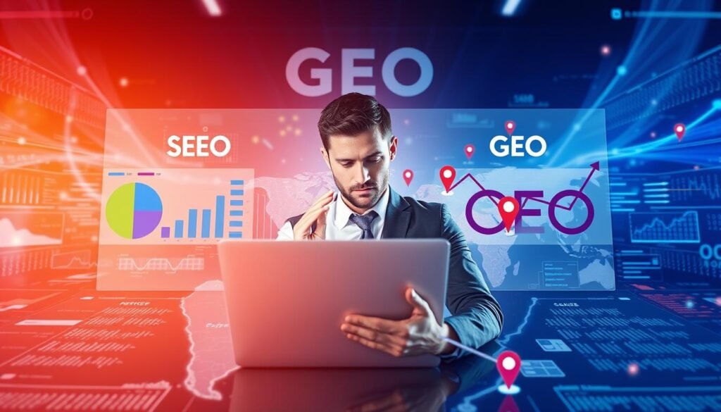 A visually striking image depicting the true difference between SEO and GEO in a modern digital environment. In the foreground, a professional-looking individual in business attire is analyzing data on a laptop, surrounded by charts and graphs illustrating SEO metrics on one side and GEO analytics on the other, showcasing vibrant colors representing their distinct functions. In the middle ground, a digital map is overlaid with location pins to symbolize GEO strategies, with search engine icons representing SEO strategies, creating a contrast. The background features abstract digital elements, like lines of code and binary patterns, emphasizing a tech-savvy atmosphere. The lighting is bright and focused on the individual, creating a productive and motivational mood. Use a wide-angle perspective to capture the complexity of the digital landscape.